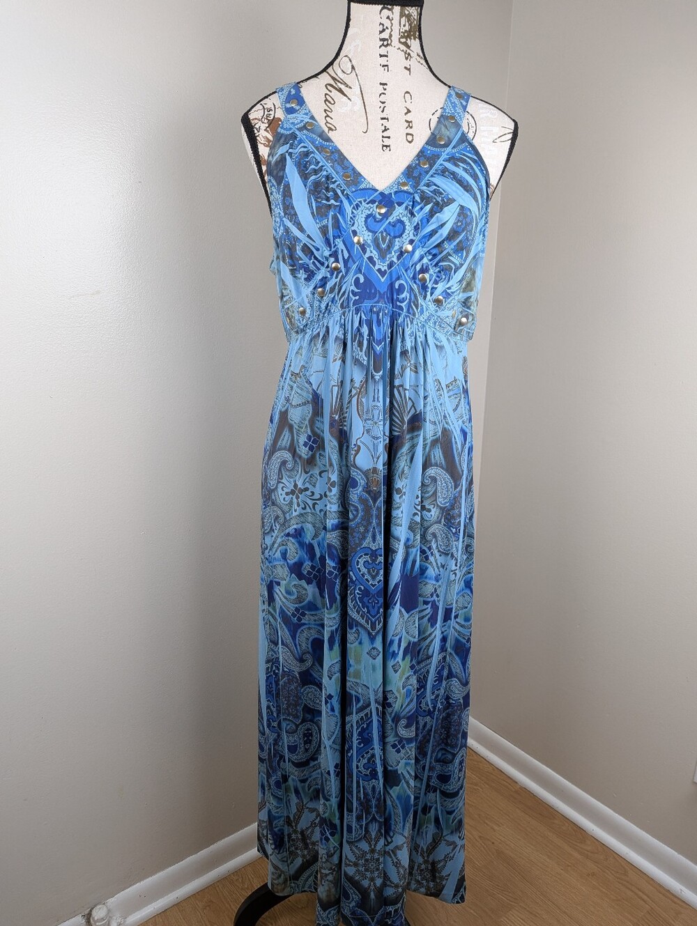 Unity World Wear Blue Paisley Empire Waist Maxi Dress Embellished Boho Small